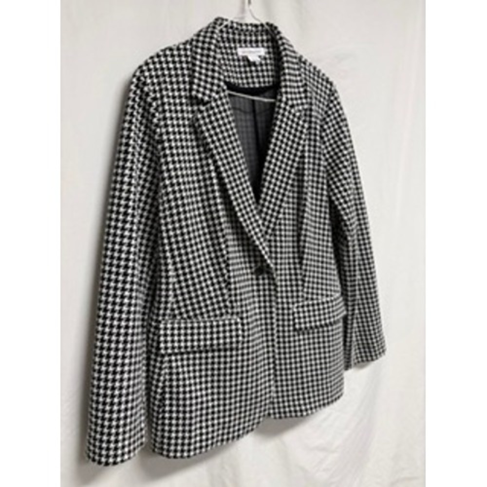 Liz Claiborne Black White Houndstooth Knit Blazer Jacket Large Single Button